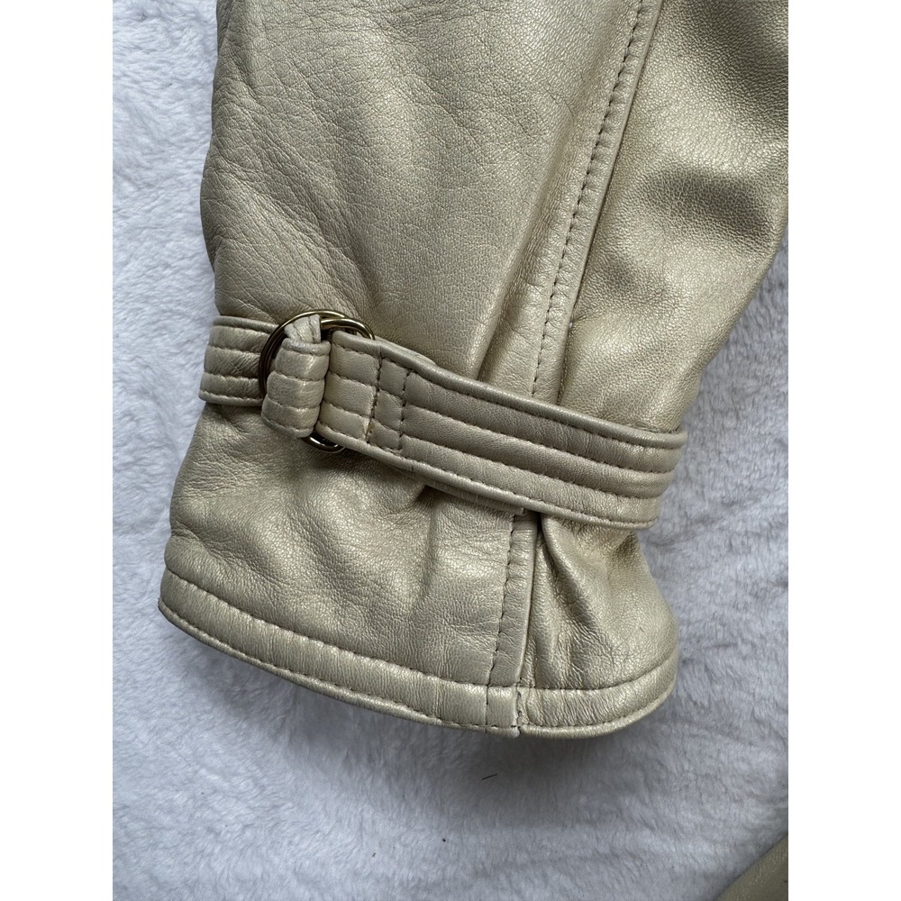 Vintage Cache Damselle Jacket Womens XS Beige Leather Fur Collar Belted USA 80s - Picture 9 of 12
